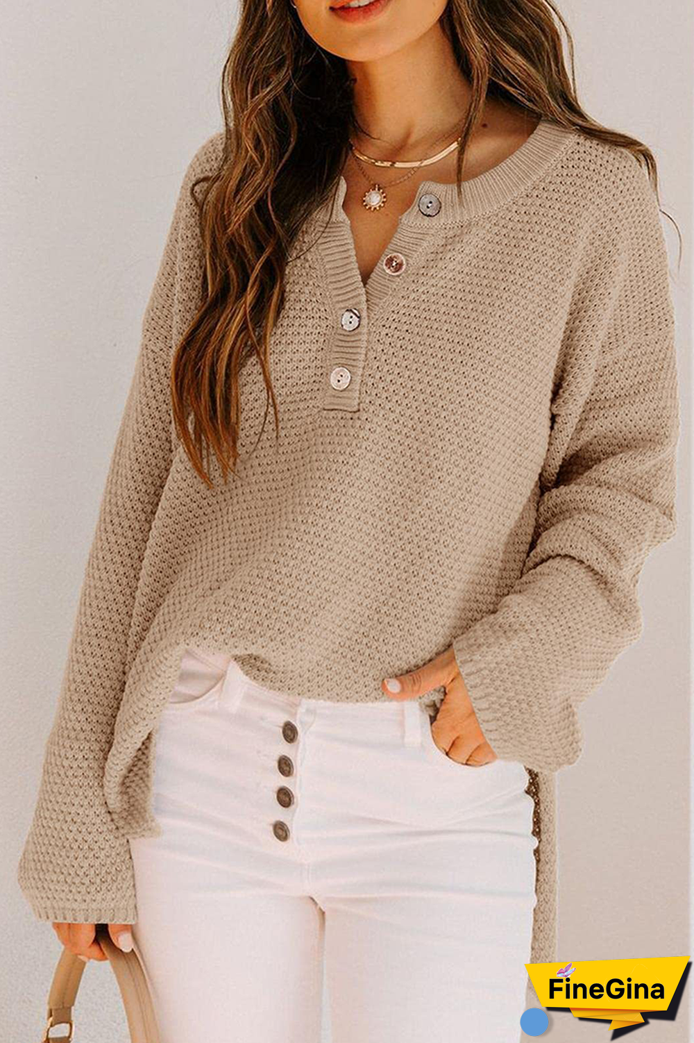 Casual Solid Buckle V Neck Sweaters(4 colors)