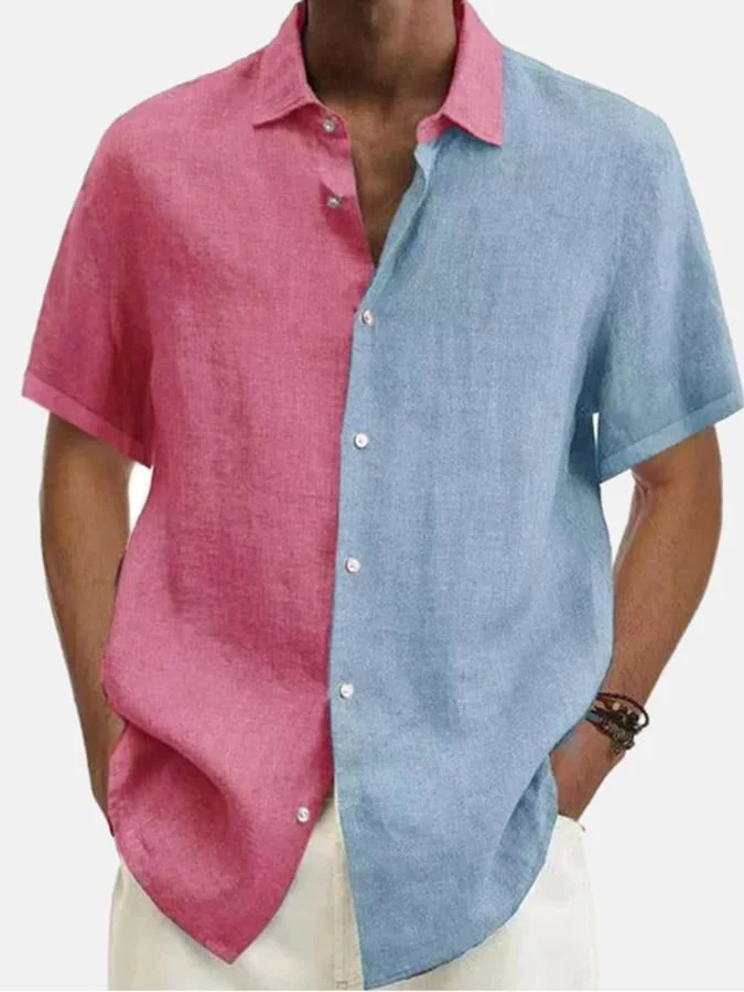 Men'S Casual Color-Block Cotton And Linen Shirt