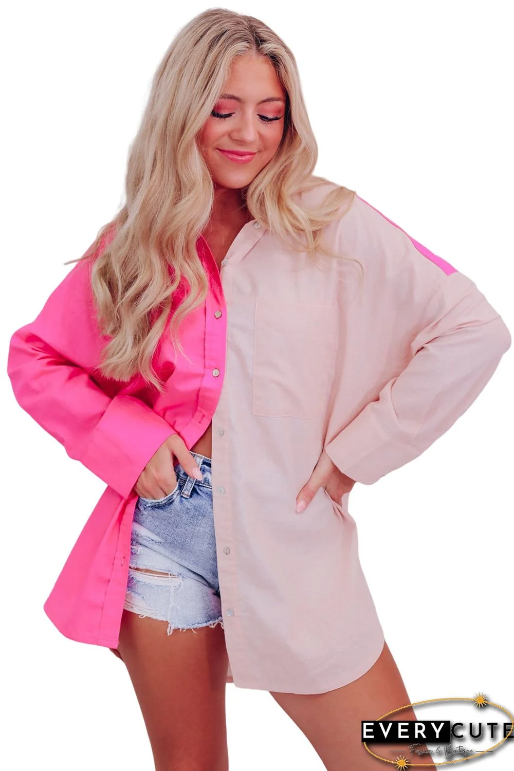 Pink Color Block Patchwork Oversized Shirt