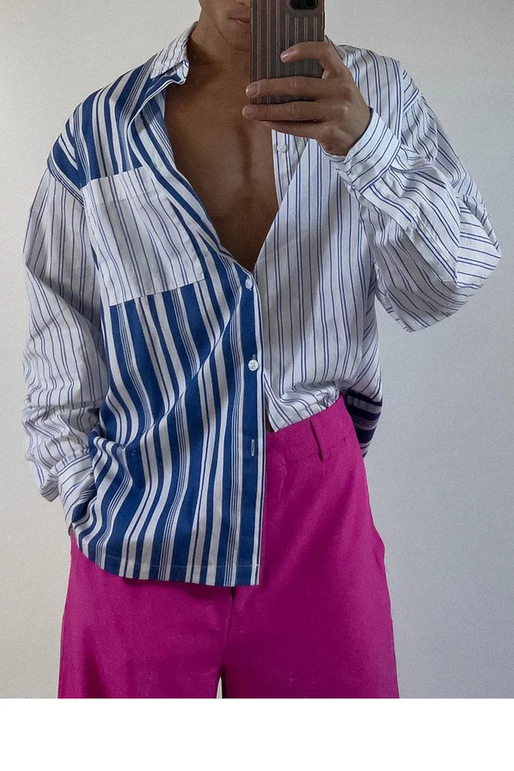 Blue And White Striped Long Sleeve Shirt With Pocket [Pre-Order]