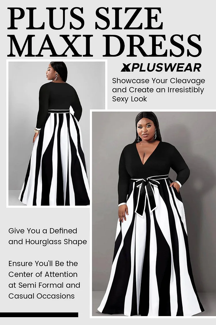 Xpluswear Design Plus Size Semi Formal Maxi Dresses Casual Black Geometric  Fall Winter V Neck Long Sleeve Wrap Knitted Maxi Dresses With Pocket