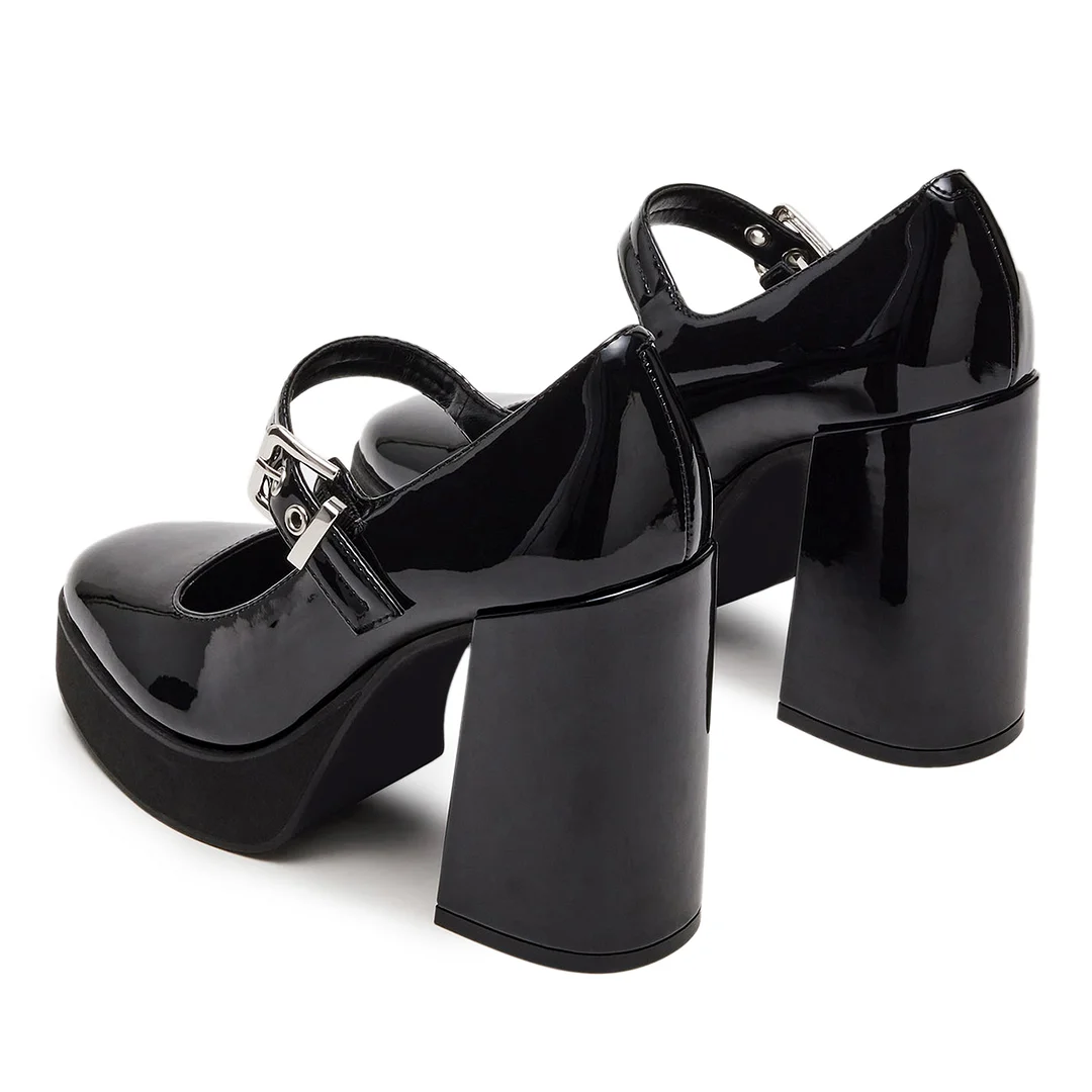 Black Patent Leather Round Toe Buckle Strap Platform Mary Janes