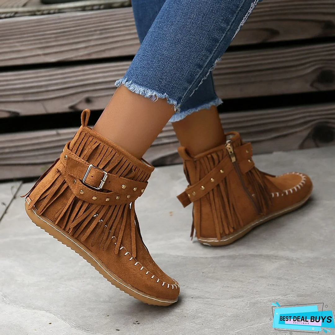 Brown Winter Flat Heel Tassel Boots