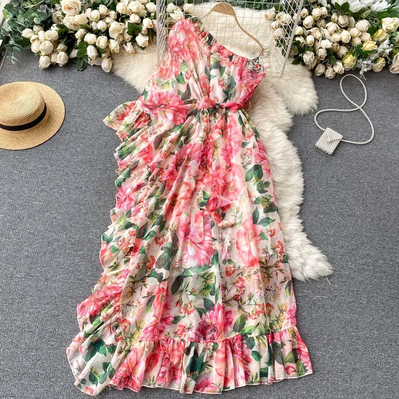 Spring European American Floral Maxi Vestidos Women's Diagonal Collar One-shoulder Ruffled Temperament Dress C639