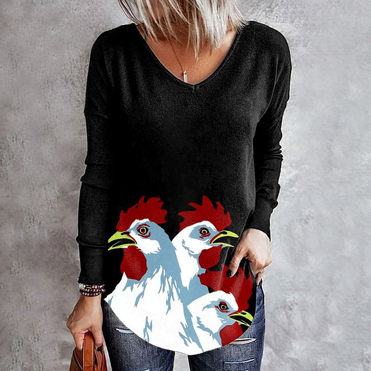 Comstylish Rooster Print Long Sleeve V-Neck T-Shirt