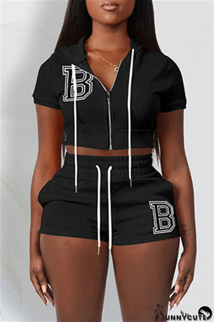 Black Fashion Casual Letter Solid Embroidered Hooded Collar Short Sleeve Two Pieces