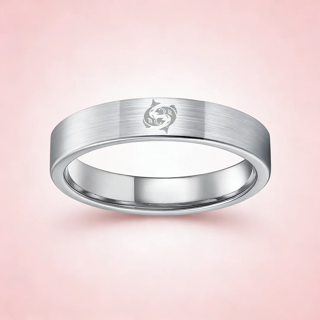 Pisces Tungsten Carbide Rings Sliver Flat Wedding Band Comfort Fit Men and Wom 4MM 6MM 8MM