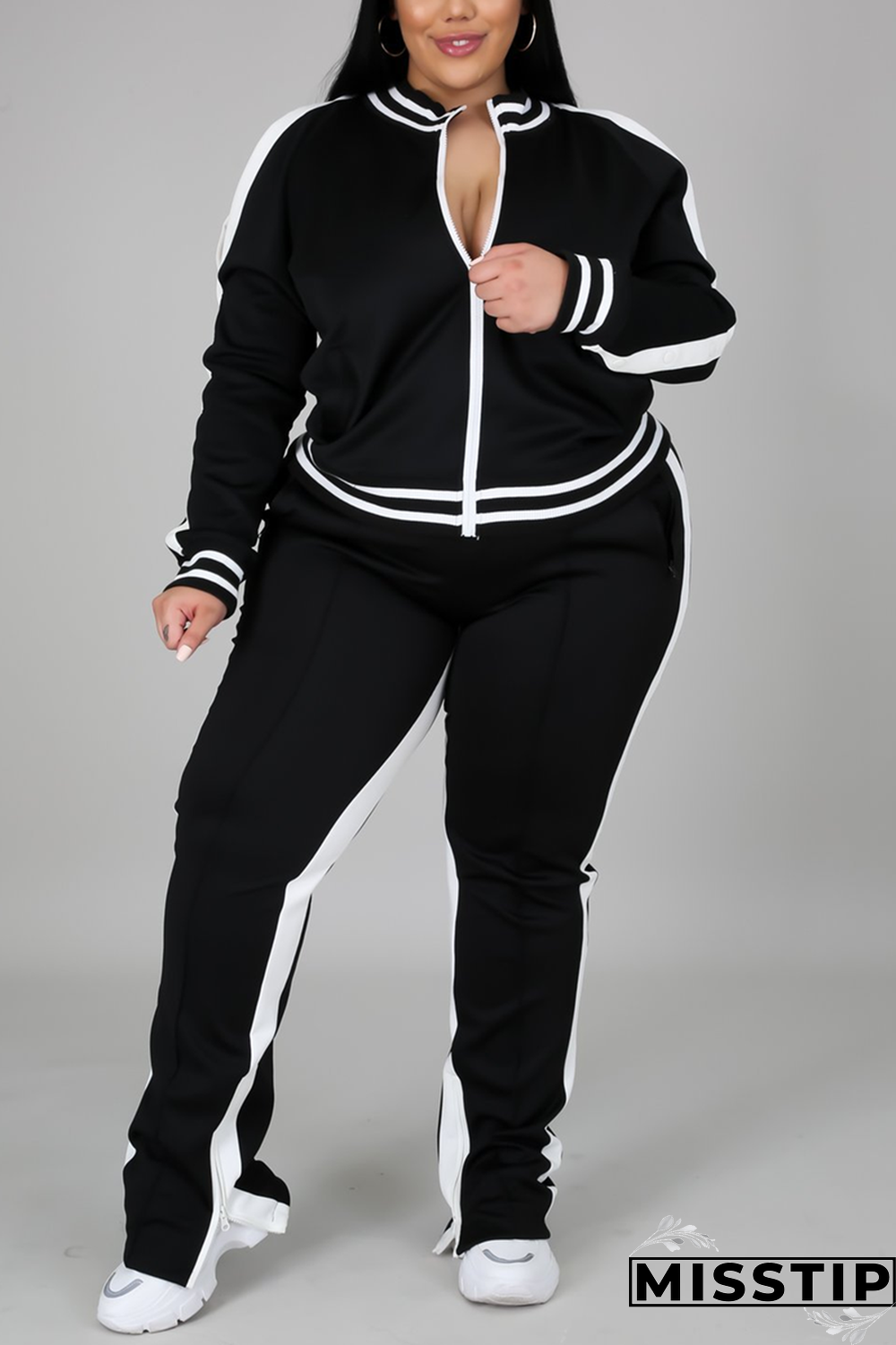 Black Fashion Casual Sportswear Zipper Collar Long Sleeve Regular Sleeve Patchwork Plus Size Set