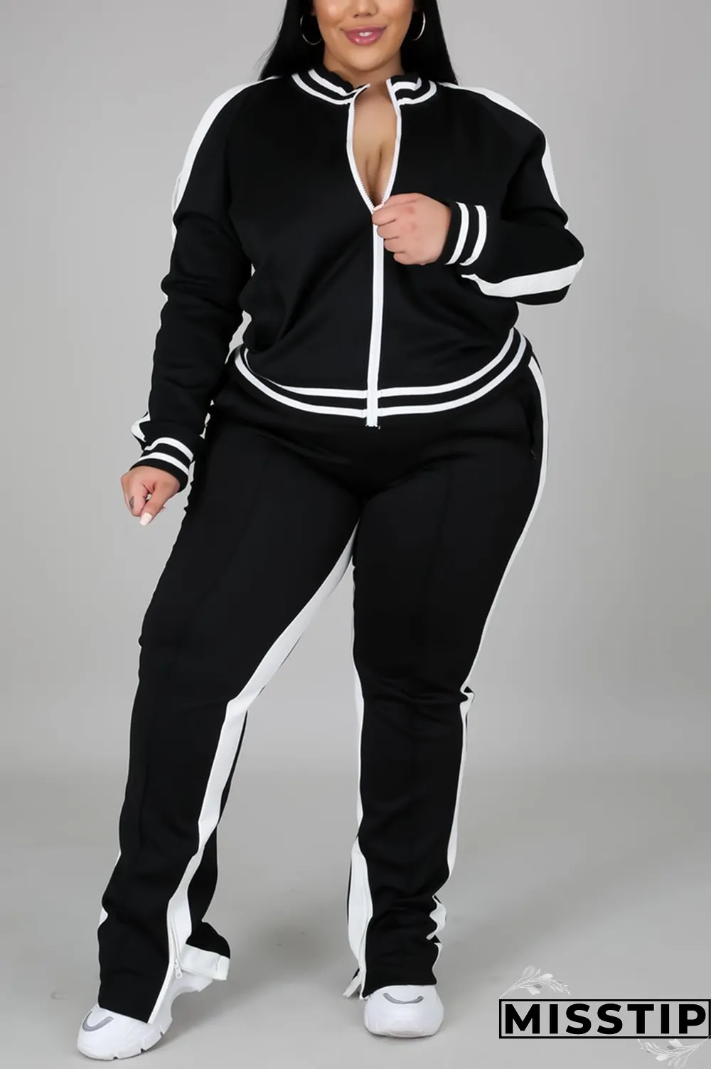 Black Fashion Casual Sportswear Zipper Collar Long Sleeve Regular Sleeve Patchwork Plus Size Set