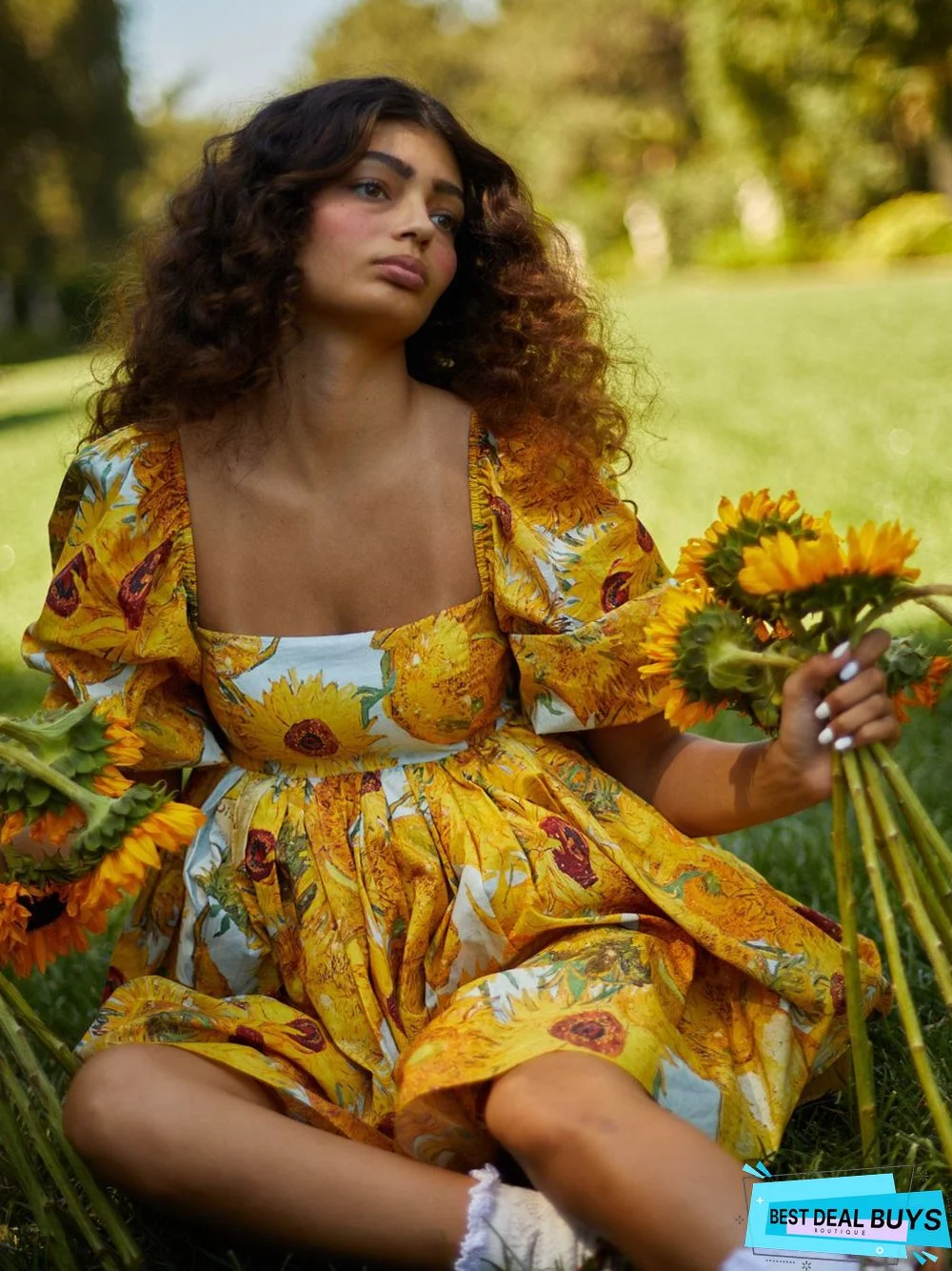 Printed Square Neck Lantern Short Sleeve Women's Dress Backless Fluffy French Princess Dress