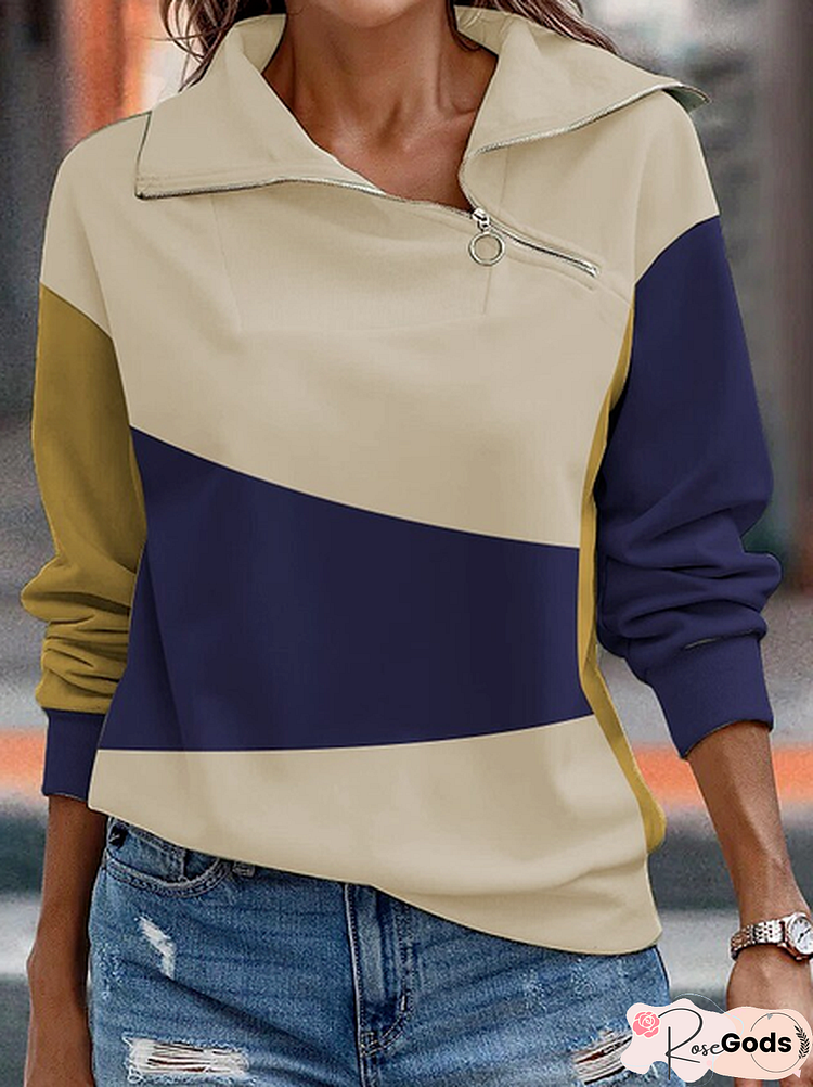 Color Block Zipper Long Sleeve Sweatshirts