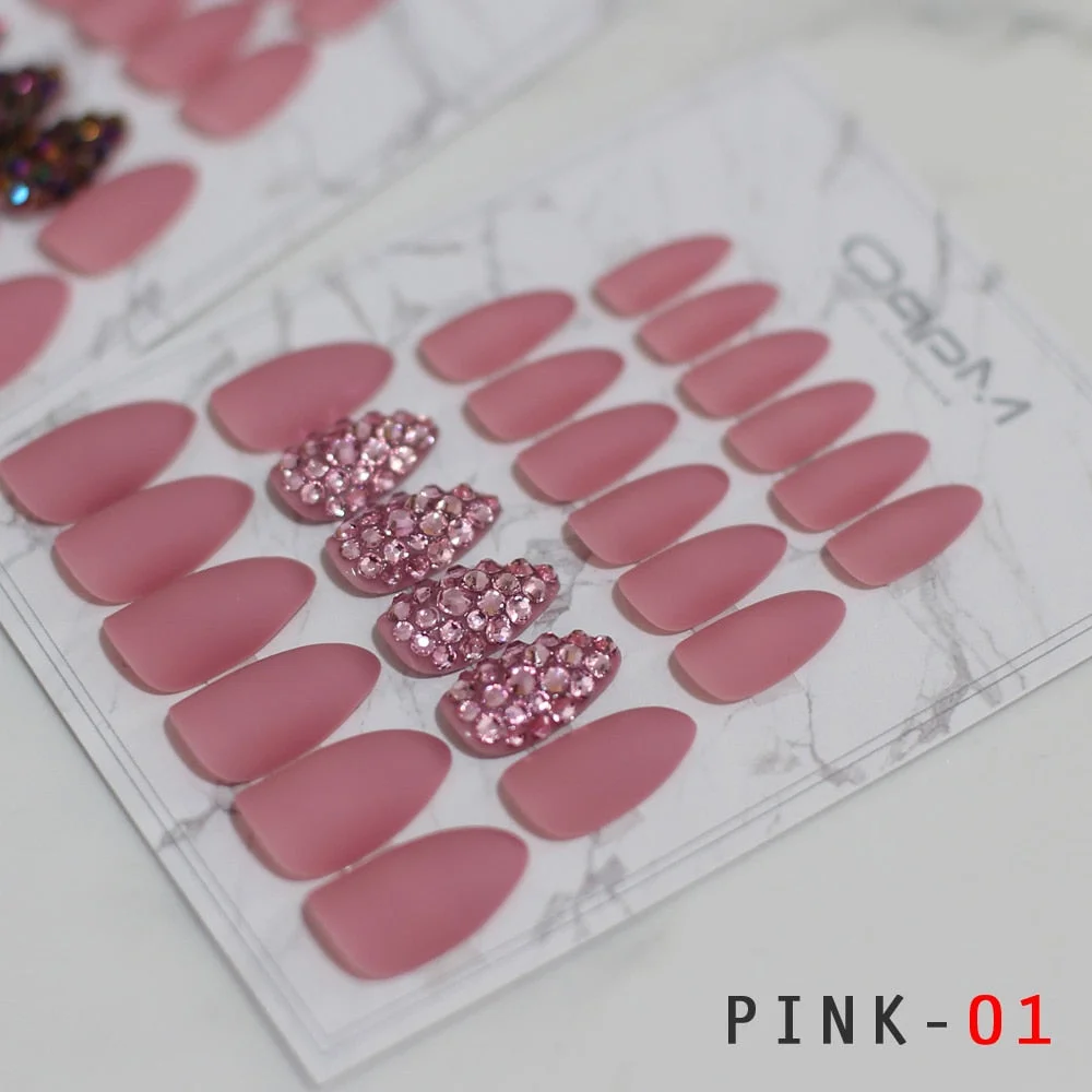 White Matte Pink Press On Nail Bling crystal Nail Art Burgundy Pointed Black false stiletto nail Gray  Nude with Stickers 24pcs-Nail Inspo