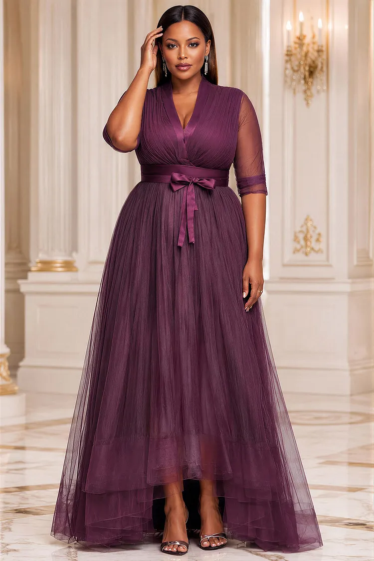 Xpluswear Design Plus Size Formal Purple V Neck Half Sleeve Asymmetric Hem Irregular Hem Fold Tulle Maxi Dresses [Pre-Order] 2024 - Xpluswear
