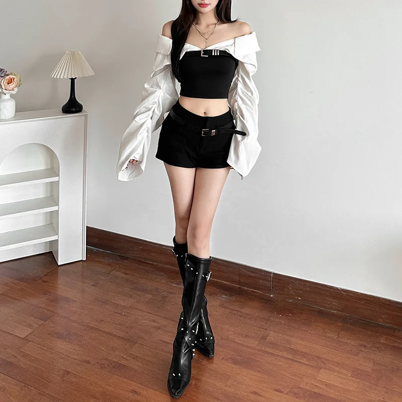 Churchf Autumn 2024 New Women's Clothing Sexy Body-Scuffed Shoulder-Collision To Receive Waist-Clothed Umbilly Tops