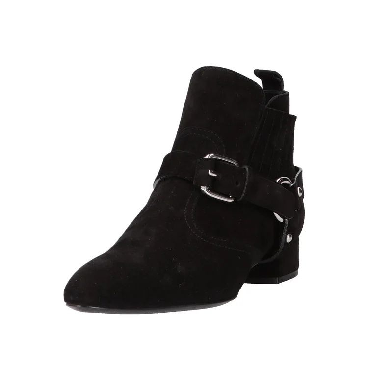 Black Buckle Fashion Booties Block Heel Vegan Suede Ankle Boots |FSJ Shoes