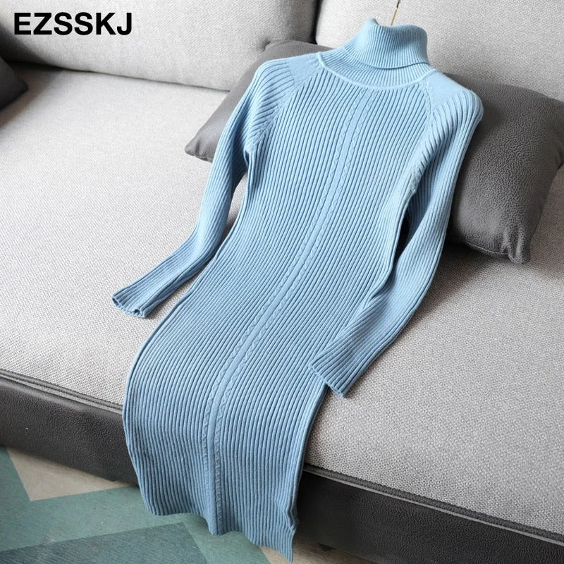 2020 autumn winter midi sweater dress women staight knit short dress highneck dress female slim sweater bodycon warm dress