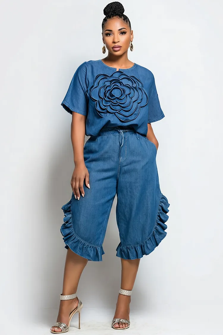 Xpluswear Design Plus Size Daily Blue Round Neck Short Sleeve Ruffle 3D Tencel Denim Two Piece Short Sets [Pre-Order] 2024 - Xpluswear