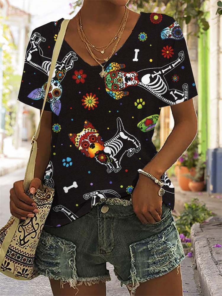 Lovely Sugar Skull Dogs V Neck Comfy T Shirt wearshes