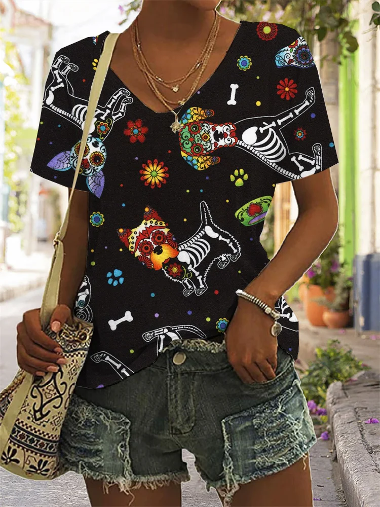 Lovely Sugar Skull Dogs V Neck Comfy T Shirt