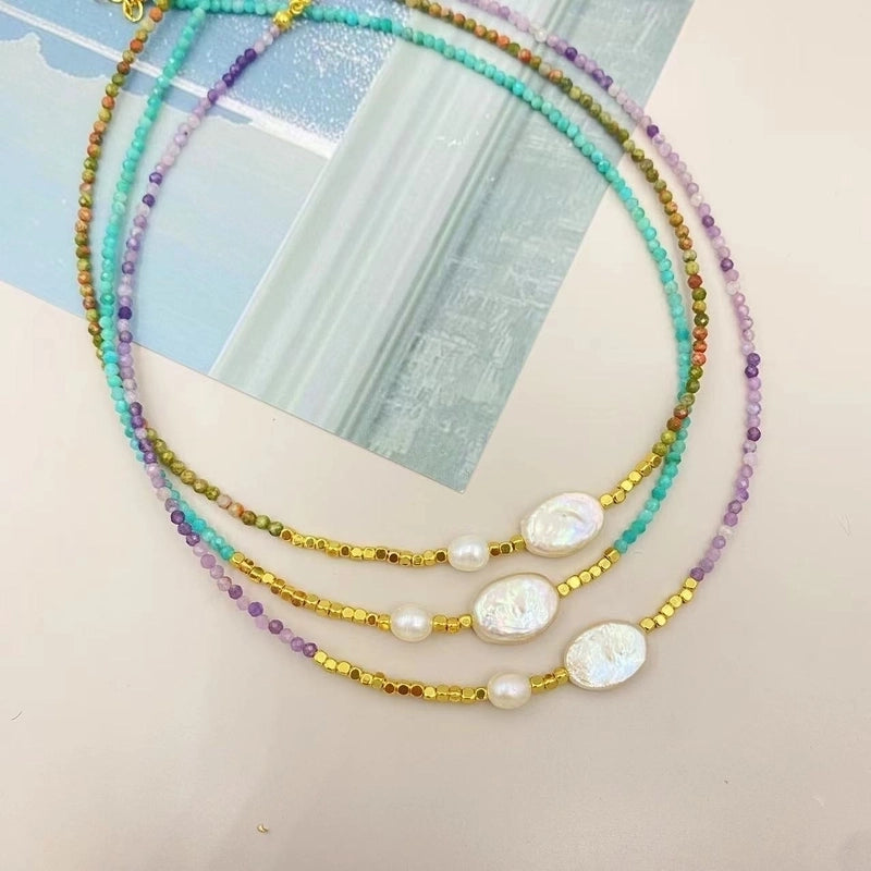 IG Style Geometric Natural Stone Pearl Black Gallstone Beaded Chain Necklace In Bulk