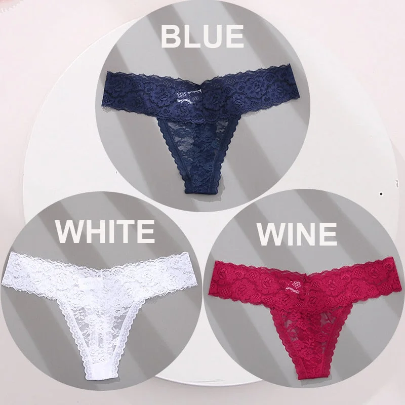FINETOO 3PCS/Set M-XL G-string Thong Panties for Woman Sexy Lace Floral Underwear Transparent Women's Underpants Female Lingerie