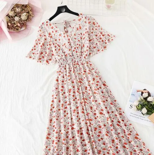 2020 Slim V Neck Summer Midi Long Dress Vestido Party Short sleeve Chiffon dress Women Casual Elegant print A-Line Vestidos