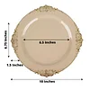 10 Pack | 10" Round Plastic Dinner Plates in Vintage Taupe, Gold Leaf Embossed Baroque Disposable Plates