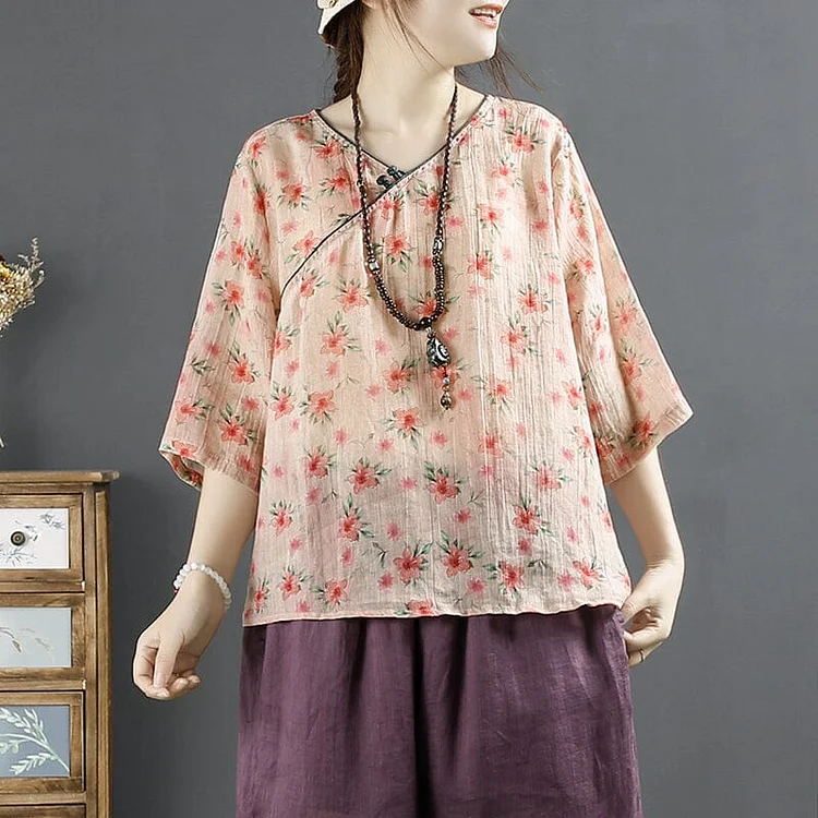 Summer Retro Floral Print Linen V-Neck T-Shirt