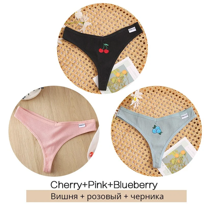 FINETOO Fruit Embroidery Thongs Women Cotton T-back Underpants M-XL Ladies G-string Sexy V Waist Underwear Bikini Panty Lingerie