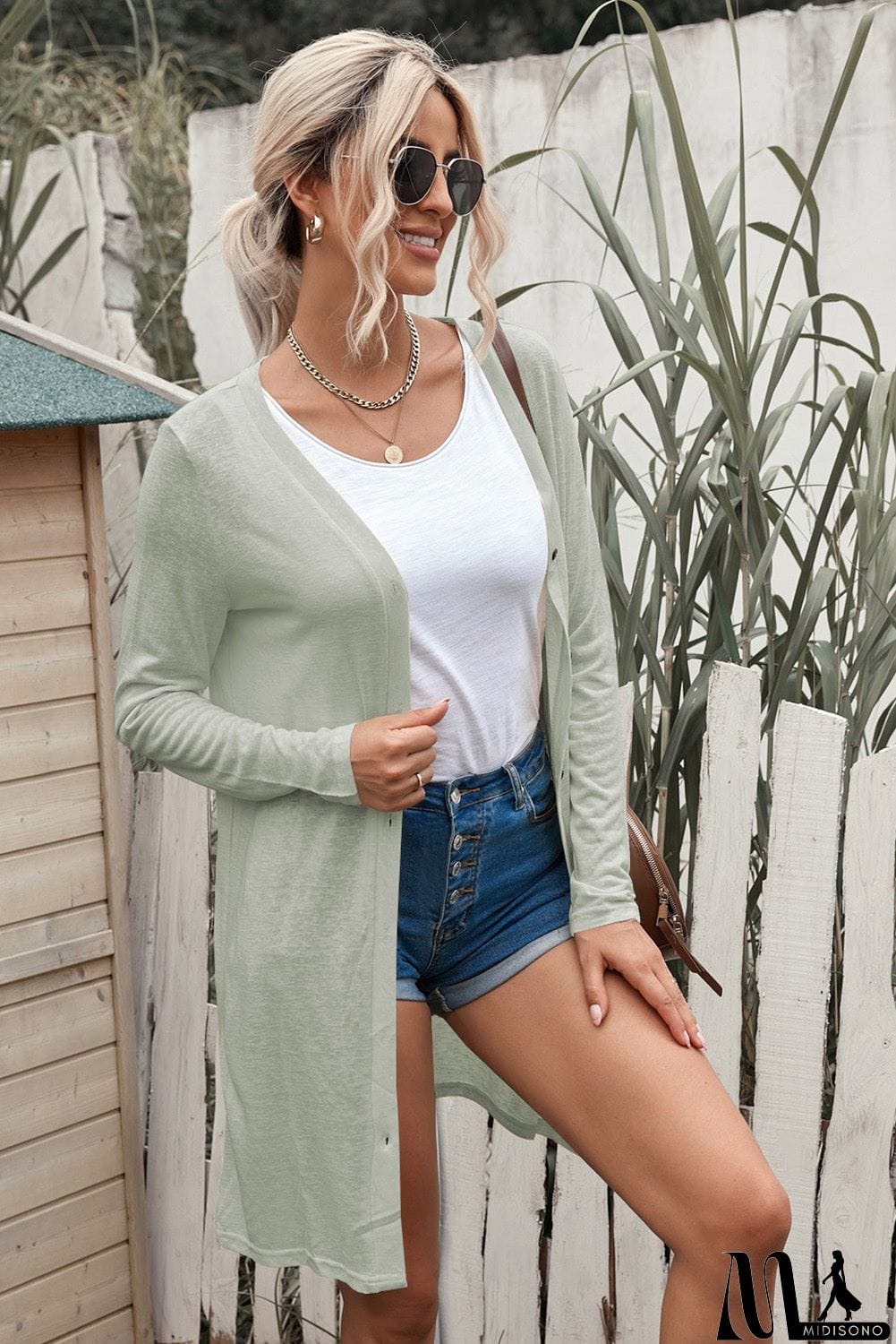 MidiSono - Button Down Long Sleeve Longline Cardigan