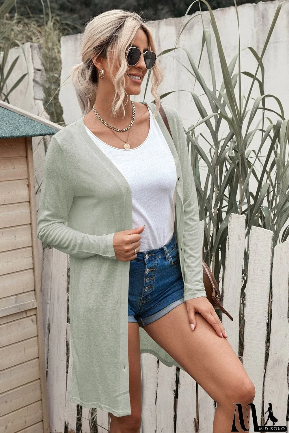 MidiSono - Button Down Long Sleeve Longline Cardigan