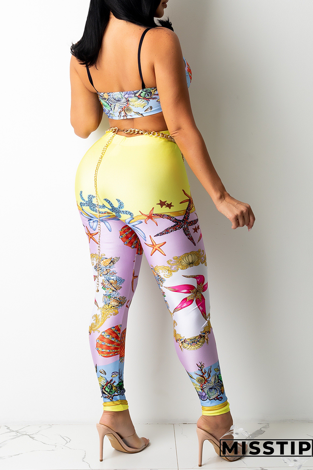 Blue Sexy Print Patchwork Spaghetti Strap Sleeveless Two Pieces