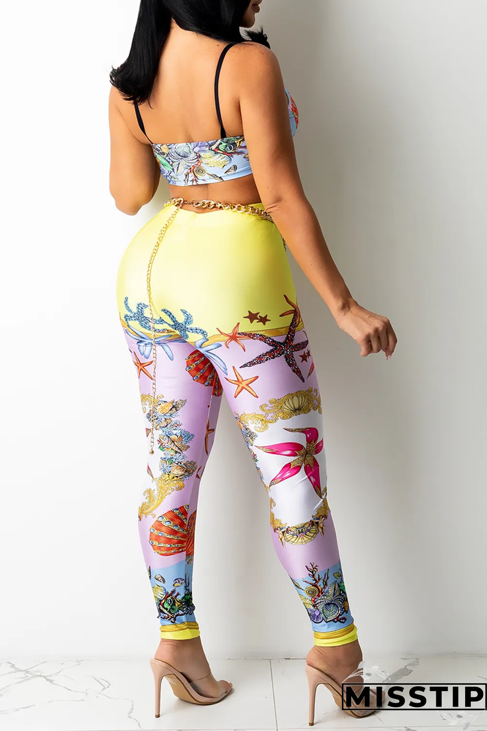 Blue Sexy Print Patchwork Spaghetti Strap Sleeveless Two Pieces