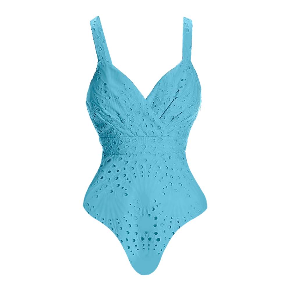 🔥 Blue Hollow Flowers V-Neck One Piece Swimsuit and Skirt👙