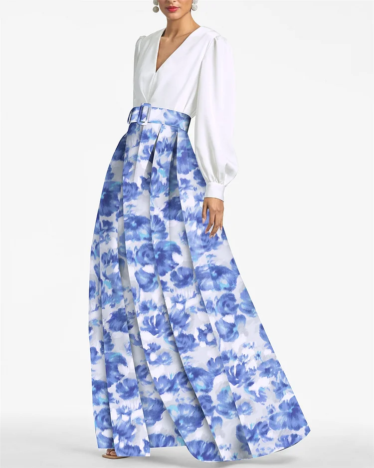 Women's V-neck Blue Print Dress