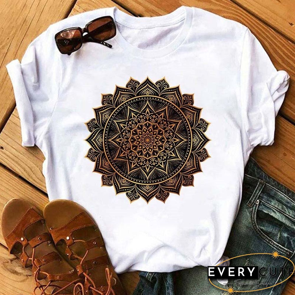 Maycaur New Mandala Floral Printed T Shirt Women Casual Fashion T-shirt Loose Short Sleeve 90s Girls Aesthetics Black Tshirt Top