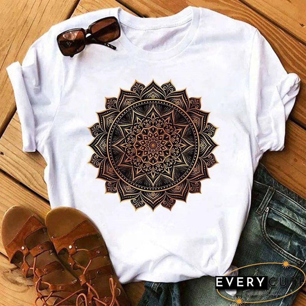 Maycaur New Mandala Floral Printed T Shirt Women Casual Fashion T-shirt Loose Short Sleeve 90s Girls Aesthetics Black Tshirt Top