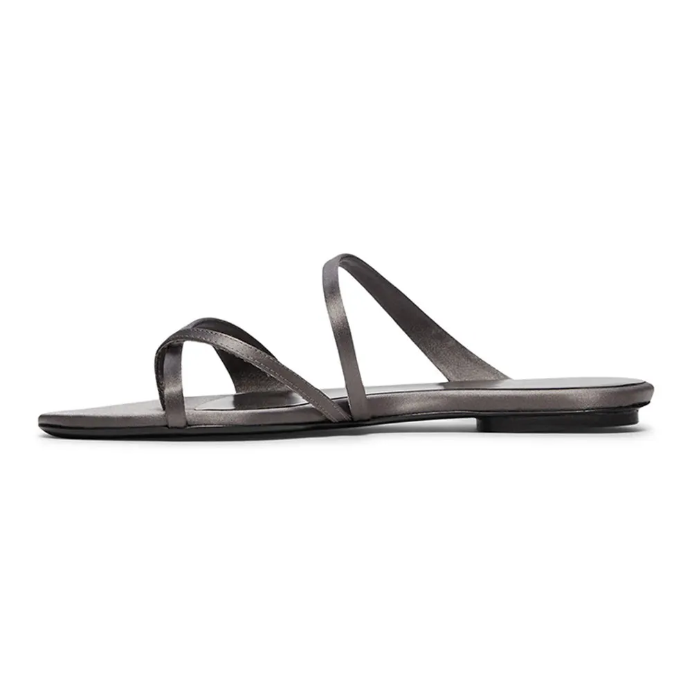 Satin Open Toe Flip Flop Grey Flat Mule Shoes for Women