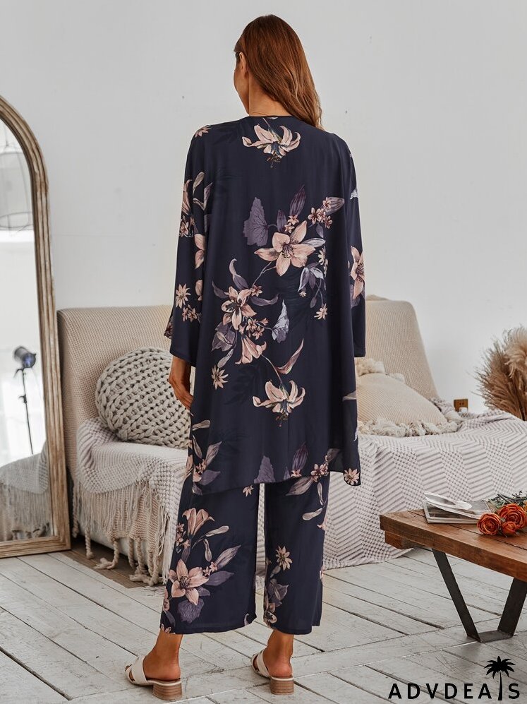 Floral Print Robe & Tank Top & Pants PJ Set