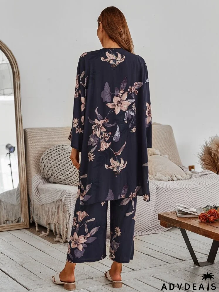 Floral Print Robe & Tank Top & Pants PJ Set