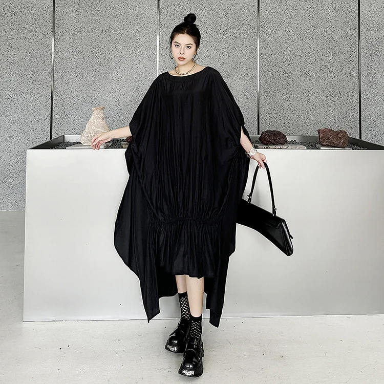 High Street Style Pleated Irregular Hem Batwing Sleeve Dress