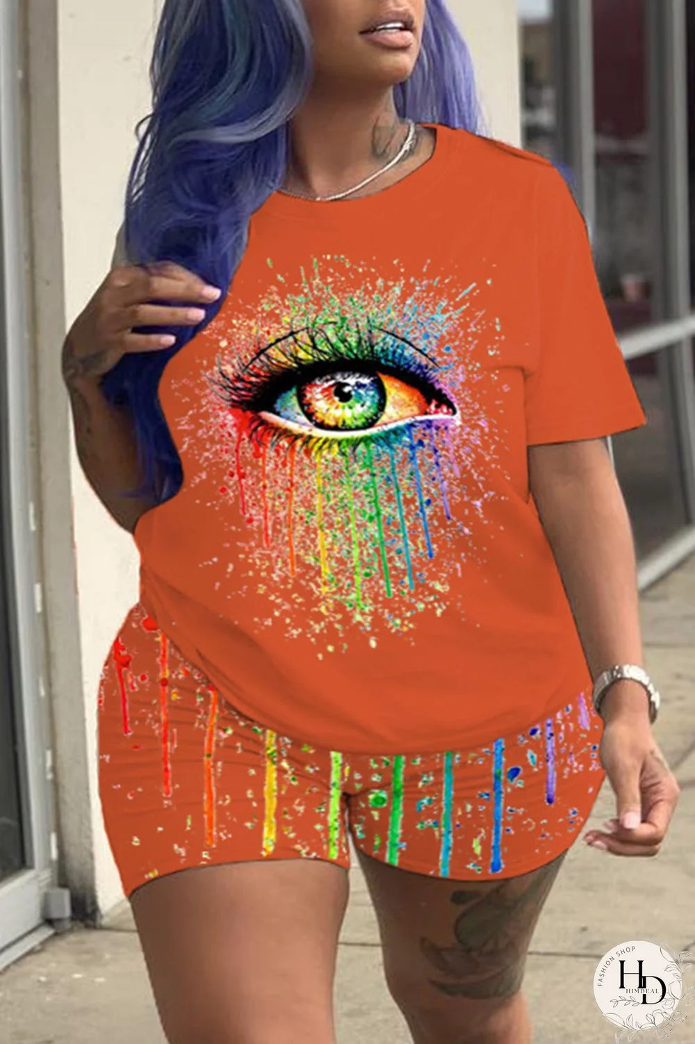 Orange Fashion Casual Print Eyes Printed Stitching O Neck Plus Size Two Pieces