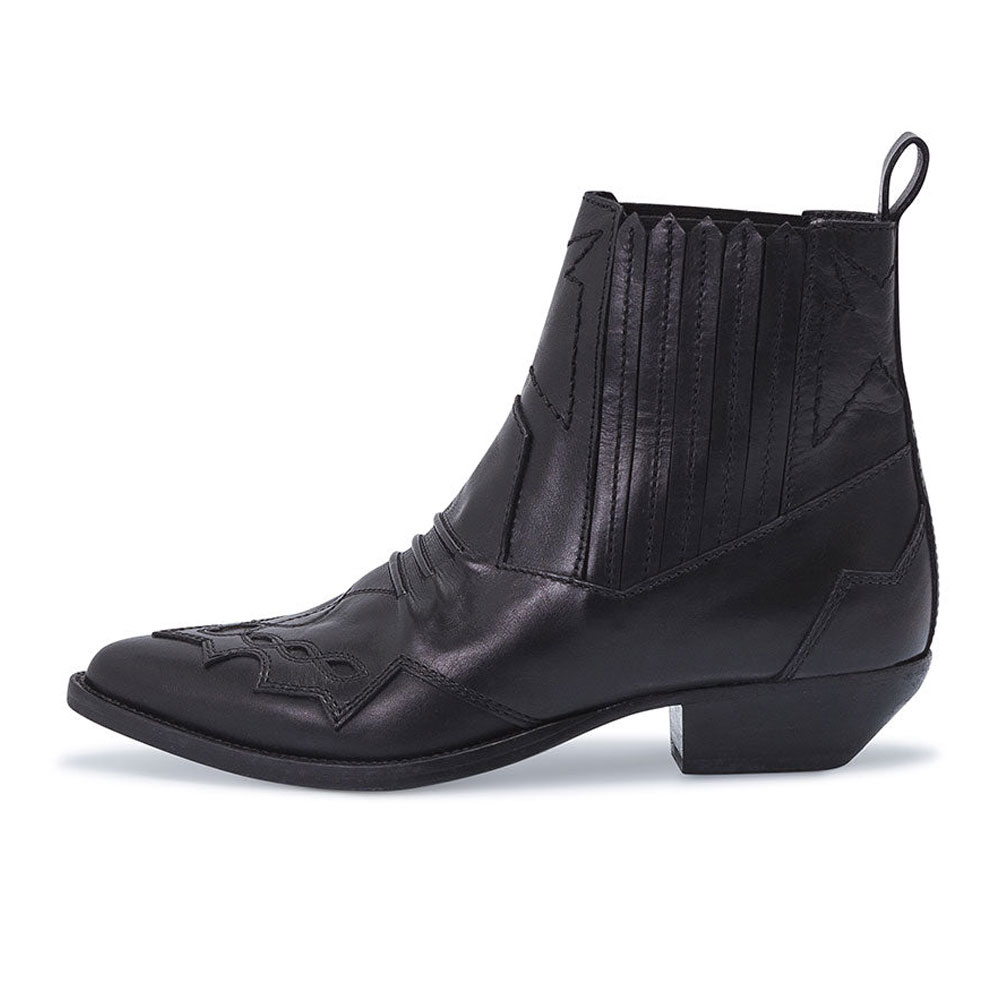 Black Vegan Leather Stitching Almond Toe Chunky Heel Booties for Women Nicepairs