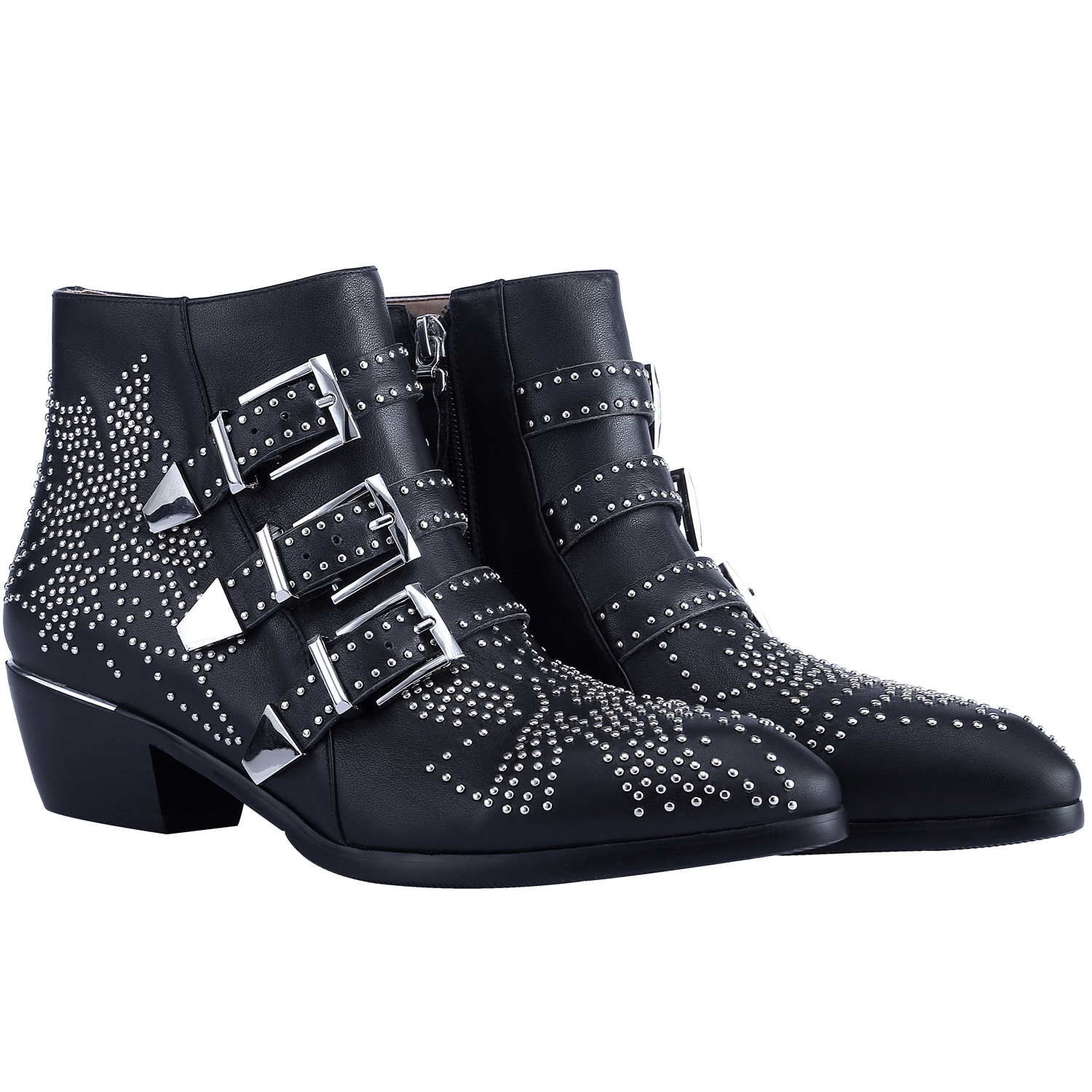 Women's Rivets Metal Buckle Low Heels Ankle Boots Black Silver-vocosishoes