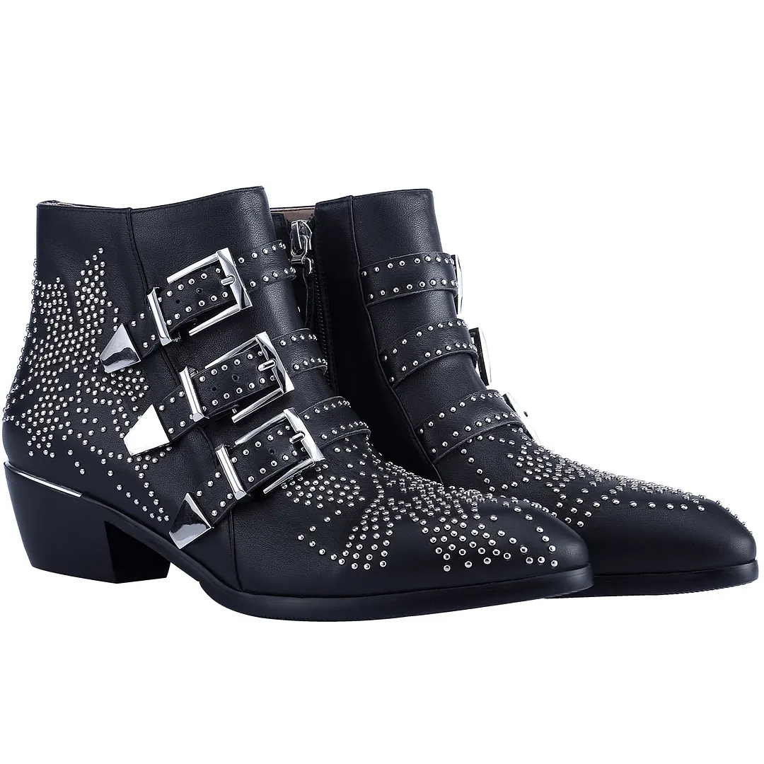 Women's Rivets Metal Buckle Low Heels Ankle Boots Black Silver-vocosishoes