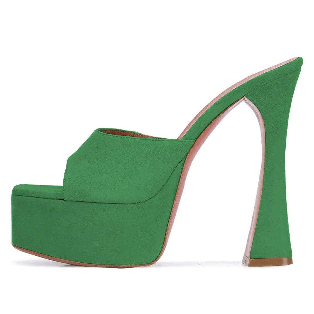 Green Flared High Heel Wide Strap Square Toe Platform Mules Sandals