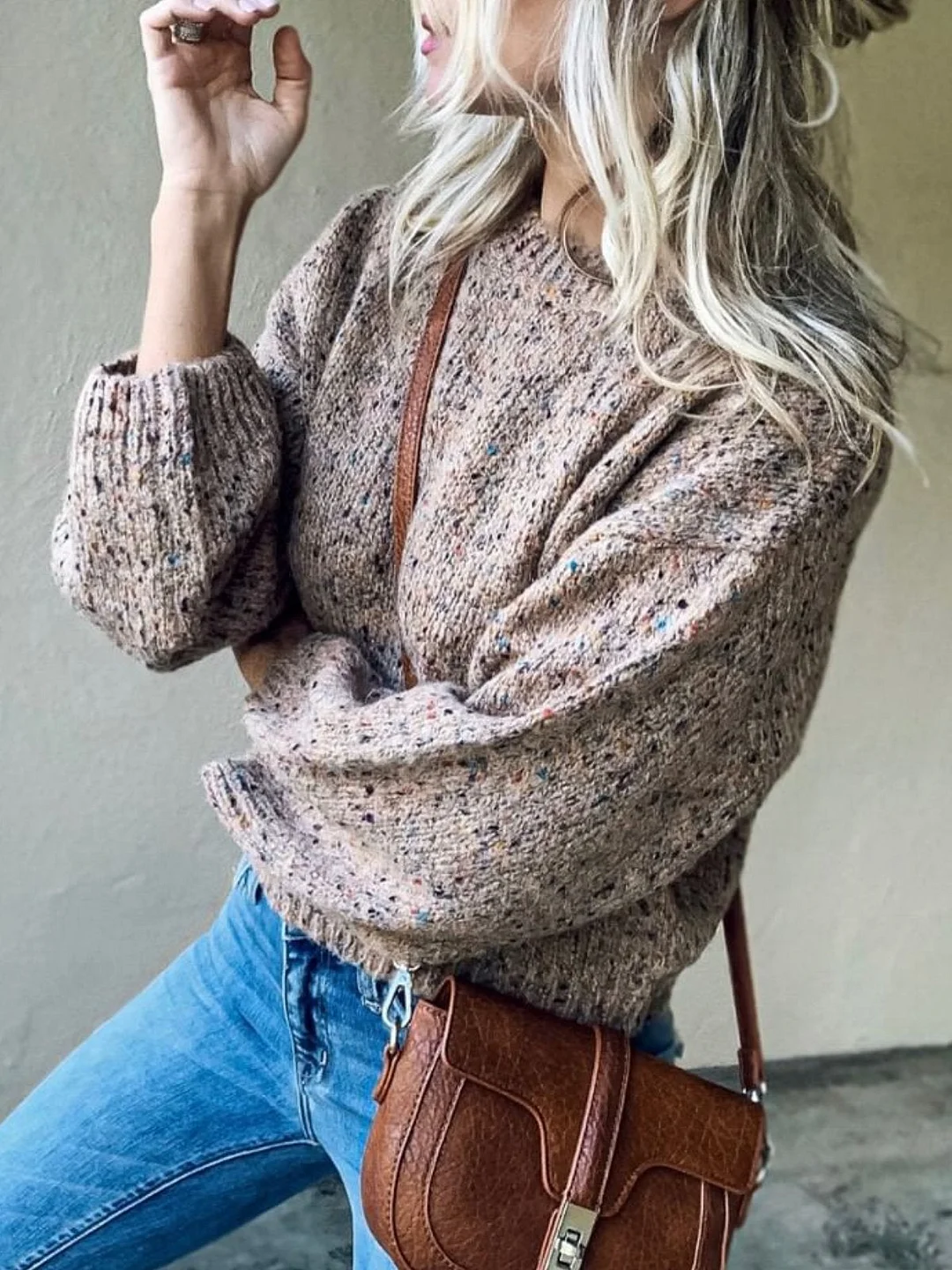 Apricot Long Sleeve Knitted plus size Sweater | EGEMISS