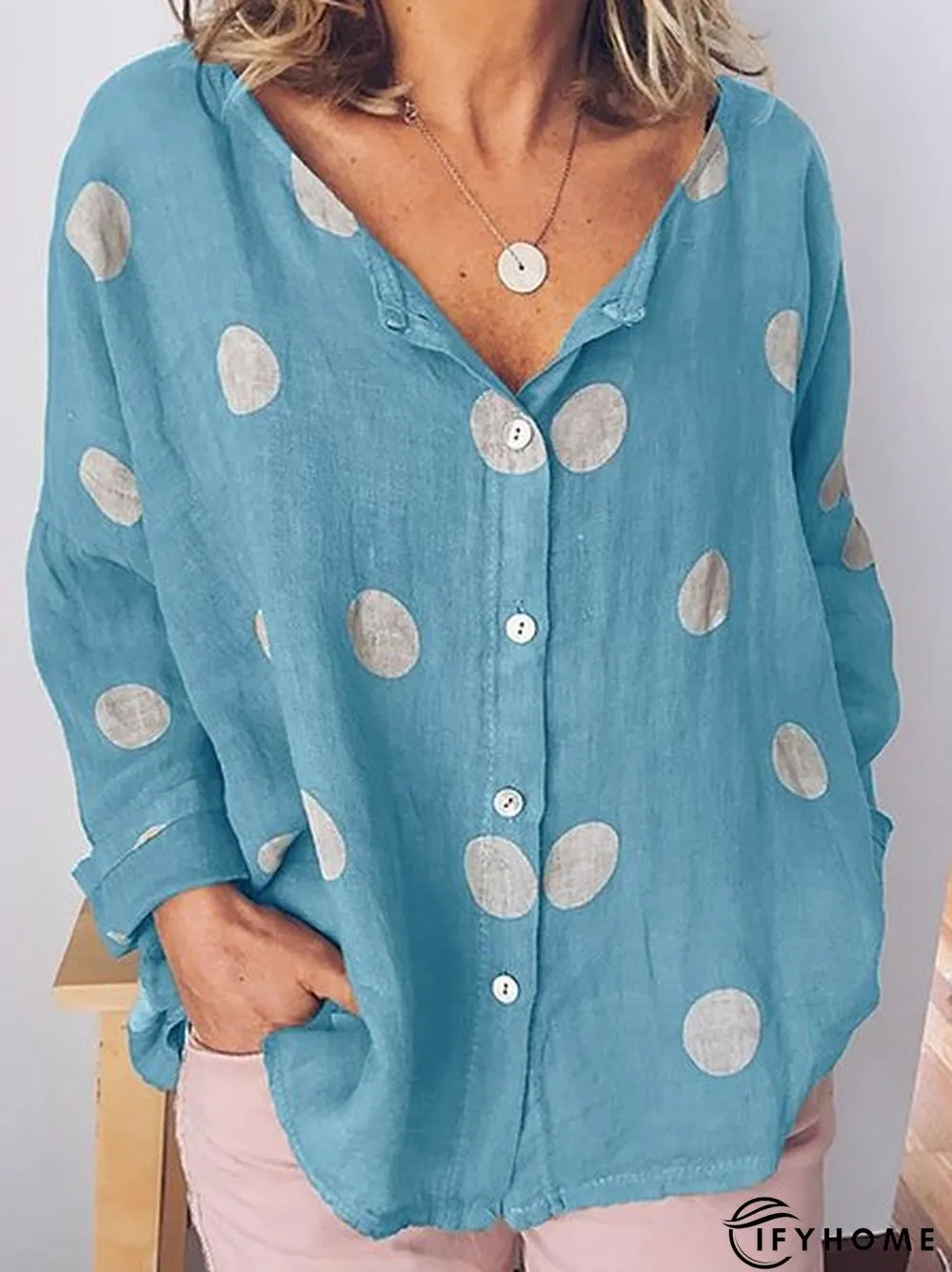 Women Polka Dots Buttoned Long Sleeve Casual Top | IFYHOME