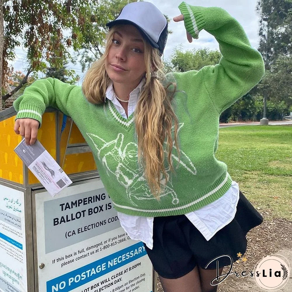 Weekeep Y2K Chic Print Streetwear Oversized Sweater Women'S Casual Autumn Winter Knitted Jumper Fashion Loose Knitwear Pullovers