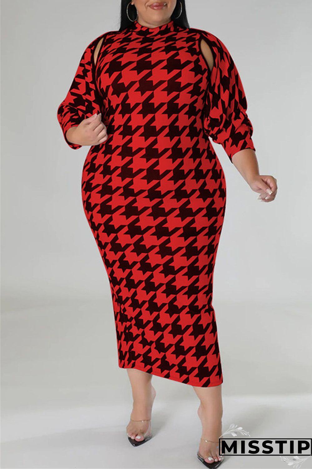 Red Casual Print Basic Half A Turtleneck Sleeveless Dress Plus Size Two Pieces